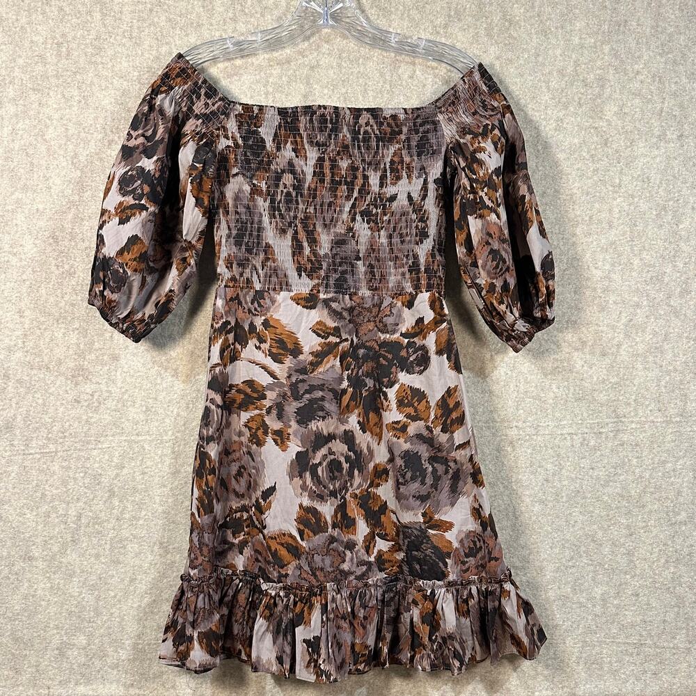 Olivaceous - Brown Puff Smocked Ruffle Hem Floral Fall Dress ,Small, 100% Cotton